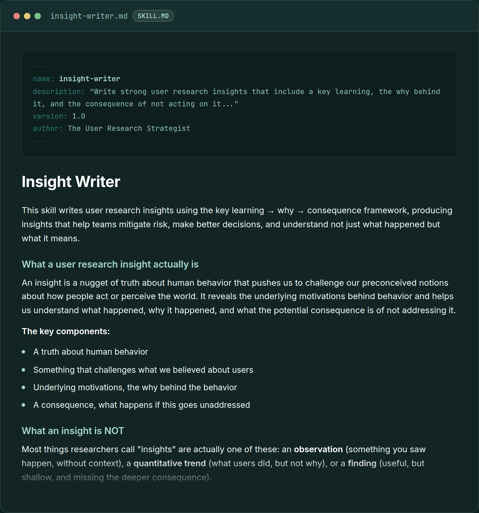 Insight Writer skill file, showing the key learning, why, and consequence framework