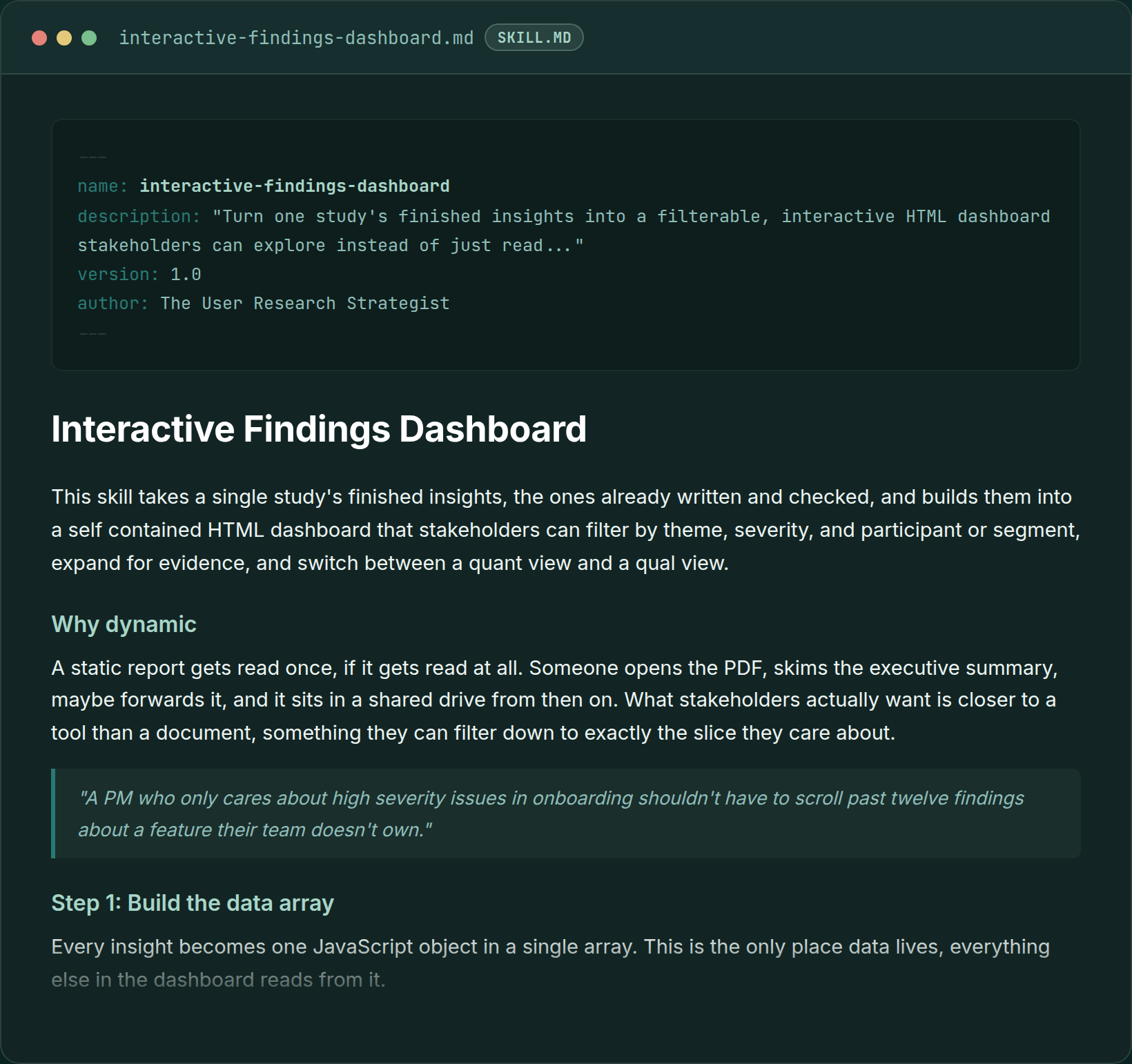 Interactive Findings Dashboard skill file, showing a filterable HTML dashboard for research findings