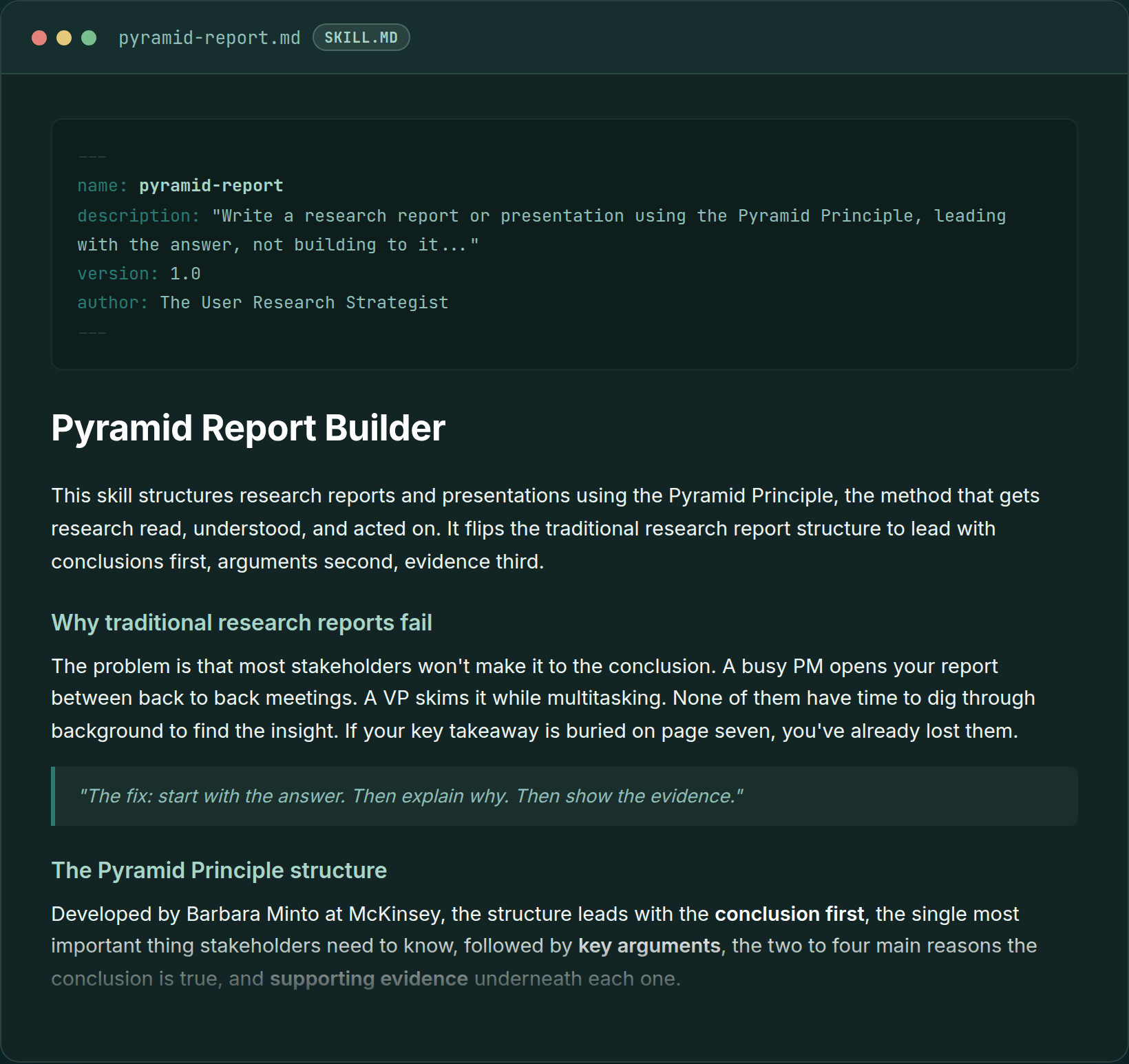 Pyramid Report skill file, showing the Pyramid Principle structure for research reports